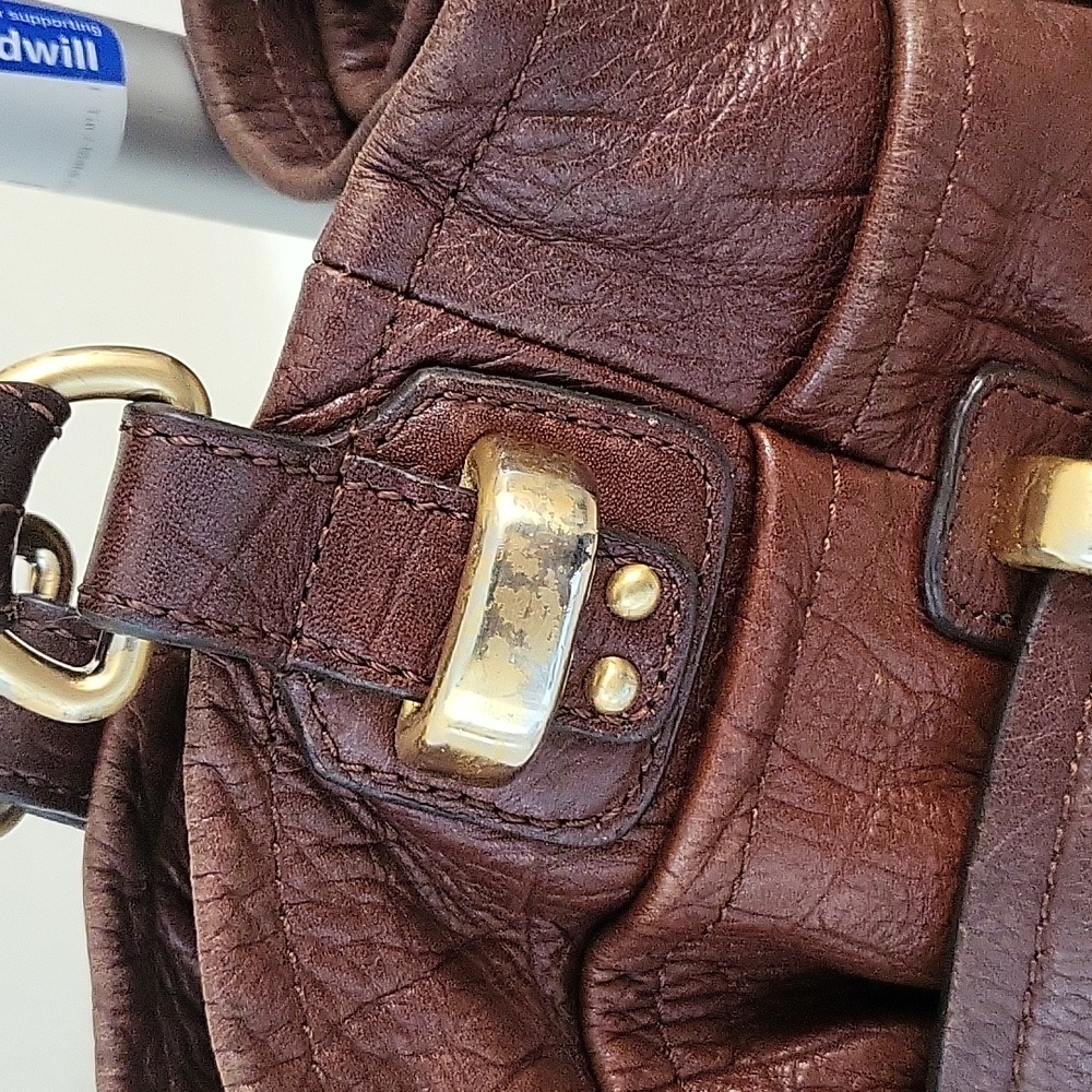 B. Makowsky Brown Mahogany Leather Belted Shoulder Satchel Bag - Picture 5 of 12